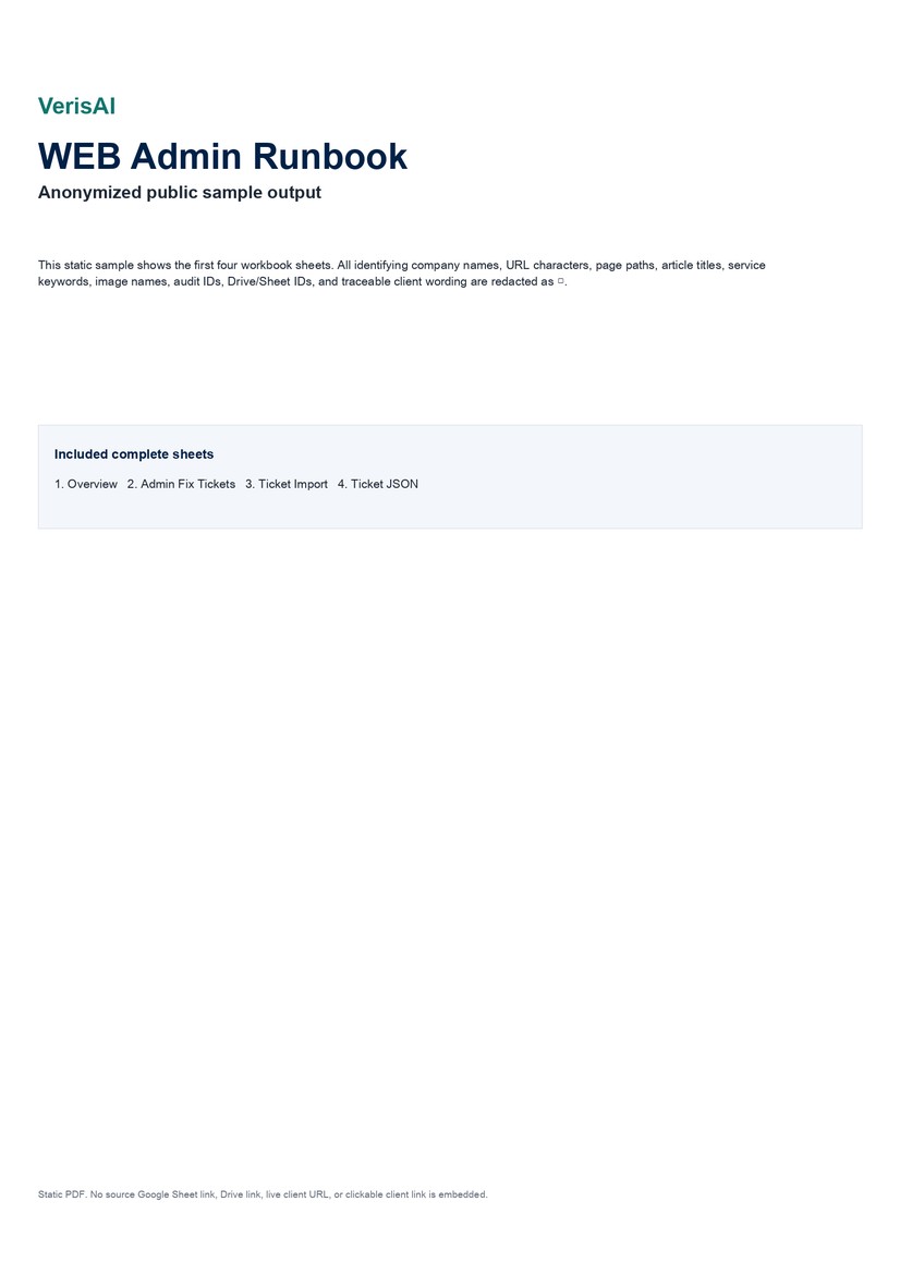 Sample VerisAI runbook output - first page, client identifier redacted